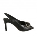 Woman's sandal with elastic and buckle in black leather heel 8