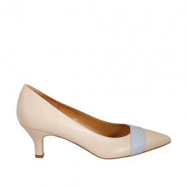 Zapato de salón puntiagudo para mujer en piel color desnudo y azul claro tacon 5 - Tallas disponibles:  32, 33, 44, 46