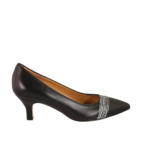 Zapato de salon puntiagudo para mujer en piel negra y blanca tacon 5 - Tallas disponibles:  33, 34