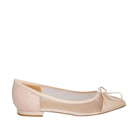 Ballerina a punta da donna con fiocco in tessuto trasparente a pois e pelle rosa cipria tacco 1 - Misure disponibili: 33, 34, 43, 46