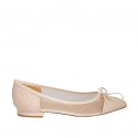 Woman's pointy ballerina shoe with bow in transparent polka dot fabric and nude leather heel 1