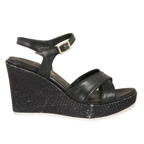 Sandale pour femmes en cuir et tissu noir avec courroie, plateforme et talon compensé 9 - Pointures disponibles:  32, 33, 34