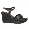 Woman's sandal in black leather and fabric with strap, platform and wedge heel 9