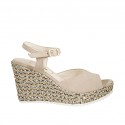 Woman's sandal in sand beige suede and braided fabric with strap, platform and wedge heel 9