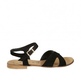 Sandalia con cinturon para mujer en gamuza negra tacon 1 - Tallas disponibles:  44, 45, 47
