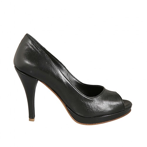 Zapato de salon abierto en punta para mujer con plataforma en piel negra tacon 9 - Tallas disponibles:  32, 33, 34, 44, 45, 46
