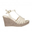 Woman's T-strap sandal in light beige patent leather and fabric with platform and wedge heel 9