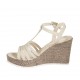 Woman's T-strap sandal in light beige patent leather and fabric with platform and wedge heel 9 - Available sizes:  31, 33, 34