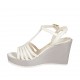 Woman's T-strap sandal in white leather and silver laminated fabric with platform and wedge heel 9 - Available sizes:  31, 34