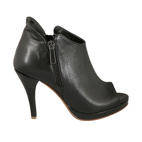 Zapato abierto con cremalleras y plataforma en piel negra tacon 9 - Tallas disponibles:  32, 33, 34, 42