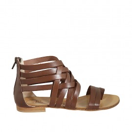 Scarpa aperta infradito da donna con cerniera in pelle color cuoio tacco 1 - Misure disponibili: 33, 34, 42, 43, 44, 45