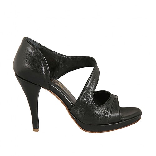 Scarpa aperta da donna in pelle nera con plateau e tacco 9 - Misure disponibili: 32, 33, 34, 42, 43, 45, 47