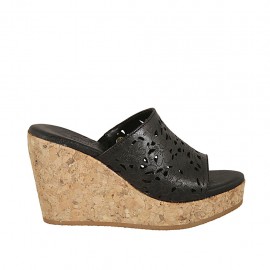 Woman's open mules in black-colored pierced leather with platform and wedge heel 9 - Available sizes:  42, 43, 44
