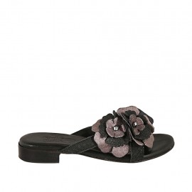 Sabo para mujer con flor en piel laminada gris y piel estampada negra tacon 2 - Tallas disponibles:  33, 34