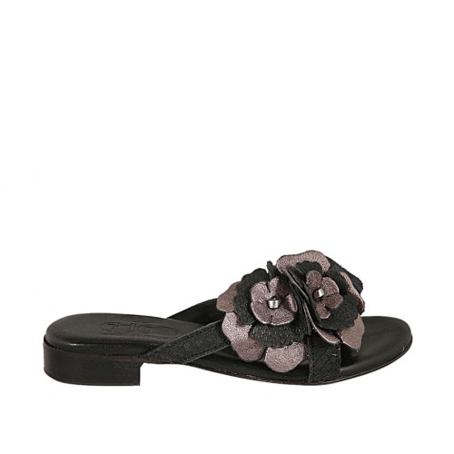 Sabot da donna con fiore in pelle laminata canna di fucile e pelle stampata nera tacco 2 - Misure disponibili: 32, 33, 34, 42, 43, 44
