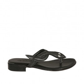 Woman's thong mule in black leather and printed leather heel 2 - Available sizes:  32, 33, 34, 42, 43, 44