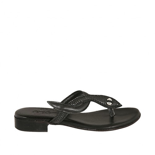 Sabot infradito da donna in pelle e pelle stampata nera tacco 2 - Misure disponibili: 32, 33, 34, 42, 43, 44