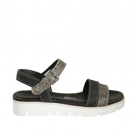 Sandalo da donna con cinturino in pelle stampata nera e camoscio stampato a righe zeppa 3 - Misure disponibili: 33, 45