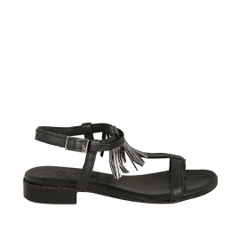 Sandale entredoigt avec courroie pour femmes en cuir noir avec franges gris acier talon 2 - Pointures disponibles:  33, 34, 43, 44