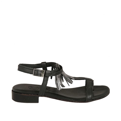 Woman's thong sandal with strap in black leather with steel grey fringes heel 2 - Available sizes:  33, 34, 43, 44