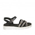 Woman's strap sandal in black leather and striped printed suede wedge heel 3