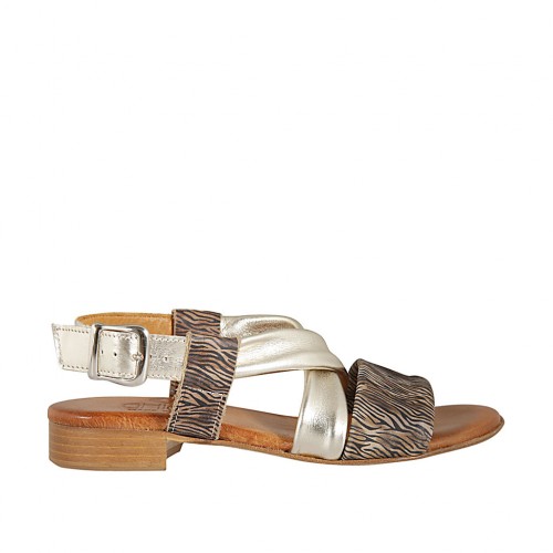 Sandale pour femmes en cuir platine et daim imprimé rayé talon 2 - Pointures disponibles:  33