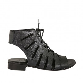 Sandale spartiates à lacets avec elastique pour femmes en cuir perforé noir talon 2 - Pointures disponibles:  33, 34, 43, 44