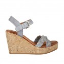 Woman's strap platform sandal in blue grey leather and blue grey and grey braided leather wedge heel 9