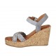 Woman's strap platform sandal in blue grey leather and blue grey and grey braided leather wedge heel 9 - Available sizes:  32, 33, 34