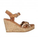 Woman's strap platform sandal in brown leather and brown, tan and beige braided leather wedge heel 9
