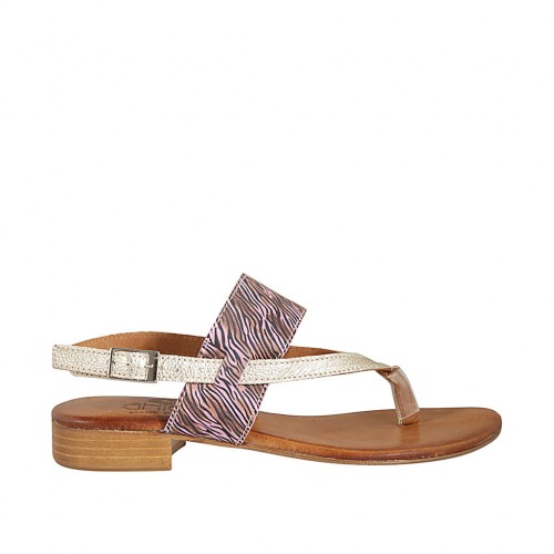 Woman's flip-flop sandal in platinum laminated leather and striped printed suede heel 2 - Available sizes:  33, 34, 42, 43, 44, 45