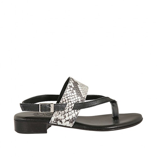 Woman's flip-flop sandal in black leather and printed leather heel 2 - Available sizes:  33, 34, 42, 43, 44