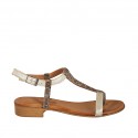 Woman's flip-flop sandal with strap in platinum laminated leather and striped printed suede heel 2