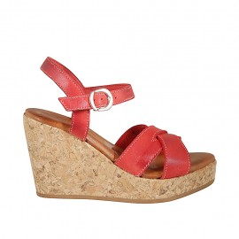 Woman's strap sandal in red leather with platform and wedge 9 - Available sizes:  33
