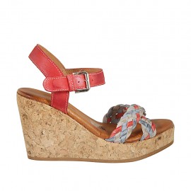 Woman's strap sandal in red leather and red, bluegray and grey braided leather with platform and wedge heel 9 - Available sizes:  32, 33, 34