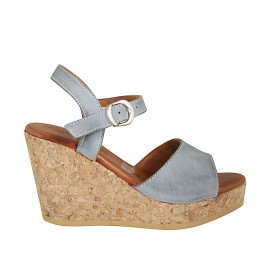 Woman's sandal in blue grey leather with platform and wedge 9 - Available sizes:  32, 33, 34