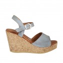 Woman's sandal in blue grey leather with platform and wedge 9