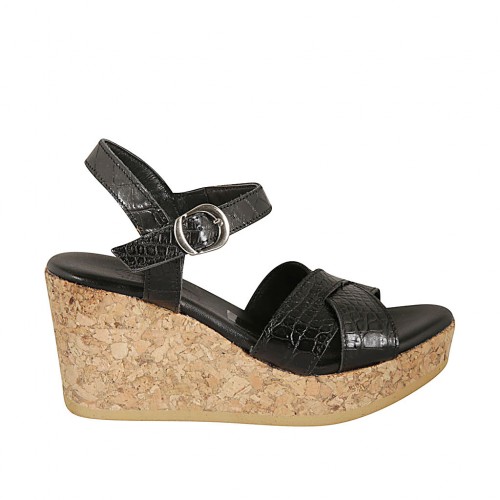 Woman's sandal in black printed leather with strap, platform and wedge heel 7 - Available sizes:  32, 33