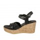 Woman's sandal in black printed leather with strap, platform and wedge heel 7 - Available sizes:  32, 33