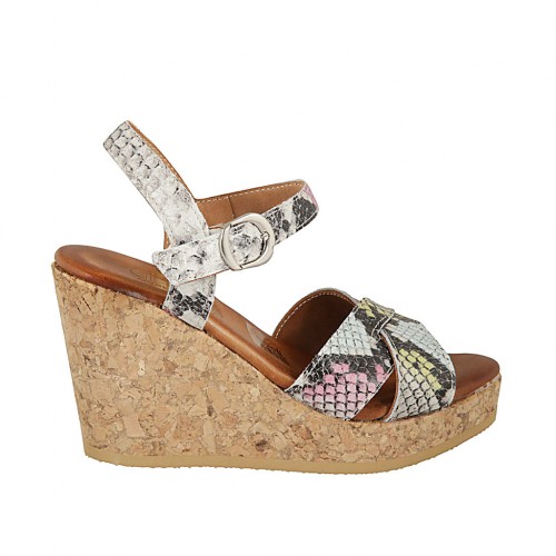 Sandale pour femmes avec courroie et plateforme en cuir imprimé multicouleur talon compensé 9 - Pointures disponibles:  33