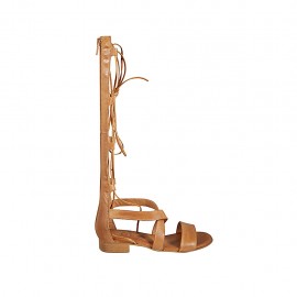 Zapato abierto estilo gladiador para mujer con cremallera y cordones en piel color cuero tacon 2 - Tallas disponibles:  33, 34, 42, 43, 44