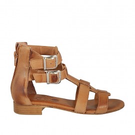 Zapato abierto para mujer con cremallera y hebillas en piel color cuero tacon 2 - Tallas disponibles:  33, 44, 45