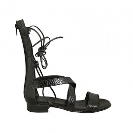 Zapato abierto estilo gladiador para mujer con cremallera y cordones en piel imprimida negra tacon 2 - Tallas disponibles:  33, 34, 42, 43, 44, 45