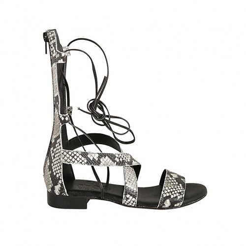 Zapato abierto estilo gladiador para mujer con cremallera y cordones en piel imprimida negra y beis tacon 2 - Tallas disponibles:  33, 34, 42, 43, 44