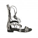 Woman's gladiator open shoe with zipper and laces in black and beige printed leather heel 2