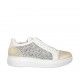 Woman's laced shoe with silver glitter and removable insole in white and laminated platinum leather wedge heel 4 - Available sizes:  42