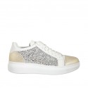 Woman's laced shoe with silver glitter and removable insole in white and laminated platinum leather wedge heel 4