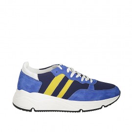 Woman's laced shoe in white and yellow leather, cornflower blue suede and blue fabric with removable insole wedge heel 5 - Available sizes:  42, 43, 44, 45