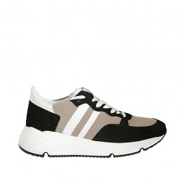 Scarpa stringata da donna in pelle bianca, camoscio nero e tessuto taupe con plantare estraibile zeppa 5 - Misure disponibili: 42, 43, 44