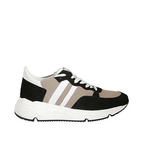 Zapato con cordones y plantilla extraible para mujer en piel blanca, gamuza negra y tejido gris pardo cuña 5 - Tallas disponibles:  42, 43, 44